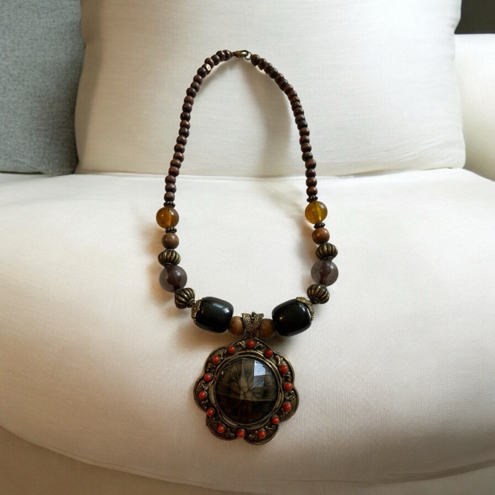 Bohemian Brown Beaded Statement Necklace - Picture 3 of 7